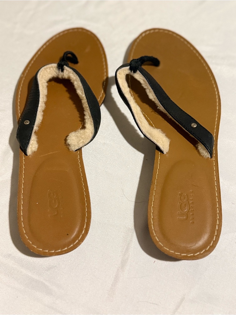 UGG Black and Tan Shearling-Trim Leather Thong Sandals